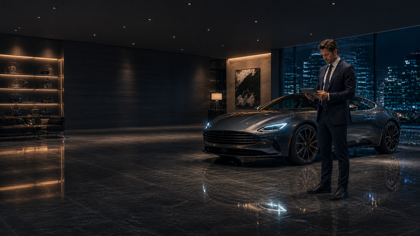 Sales advisor reviewing a tablet in a dark luxury showroom